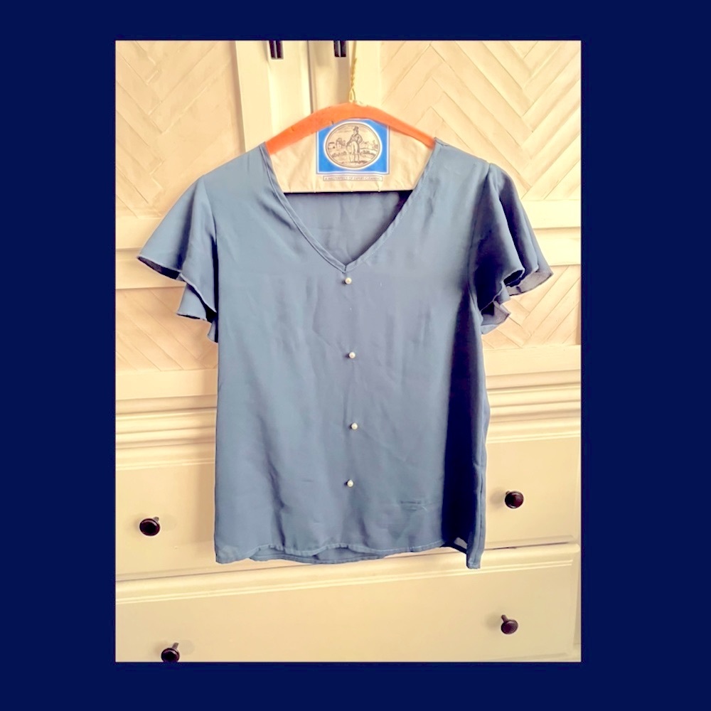 Blue V neck with Pearl Detail and Frilly Short Sleeves
